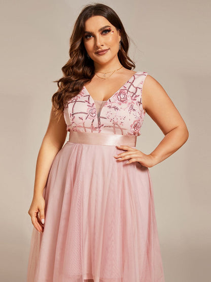 Plus Size Sequin High-Low Deep V Neck Tulle Evening Dresses #color_Pink