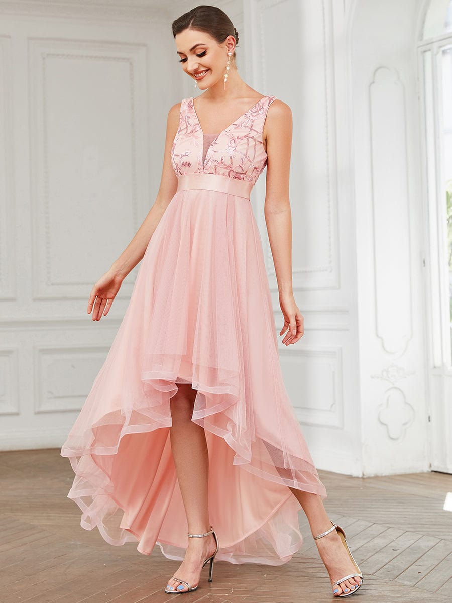 Custom Size High-Low Deep V Neck Tulle Prom Dresses with Sequin Appliques #color_Pink