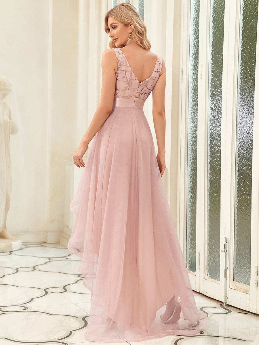 Sleeveless V-back Tulle High-Low Sequin Appliques Evening Dresses #color_Pink