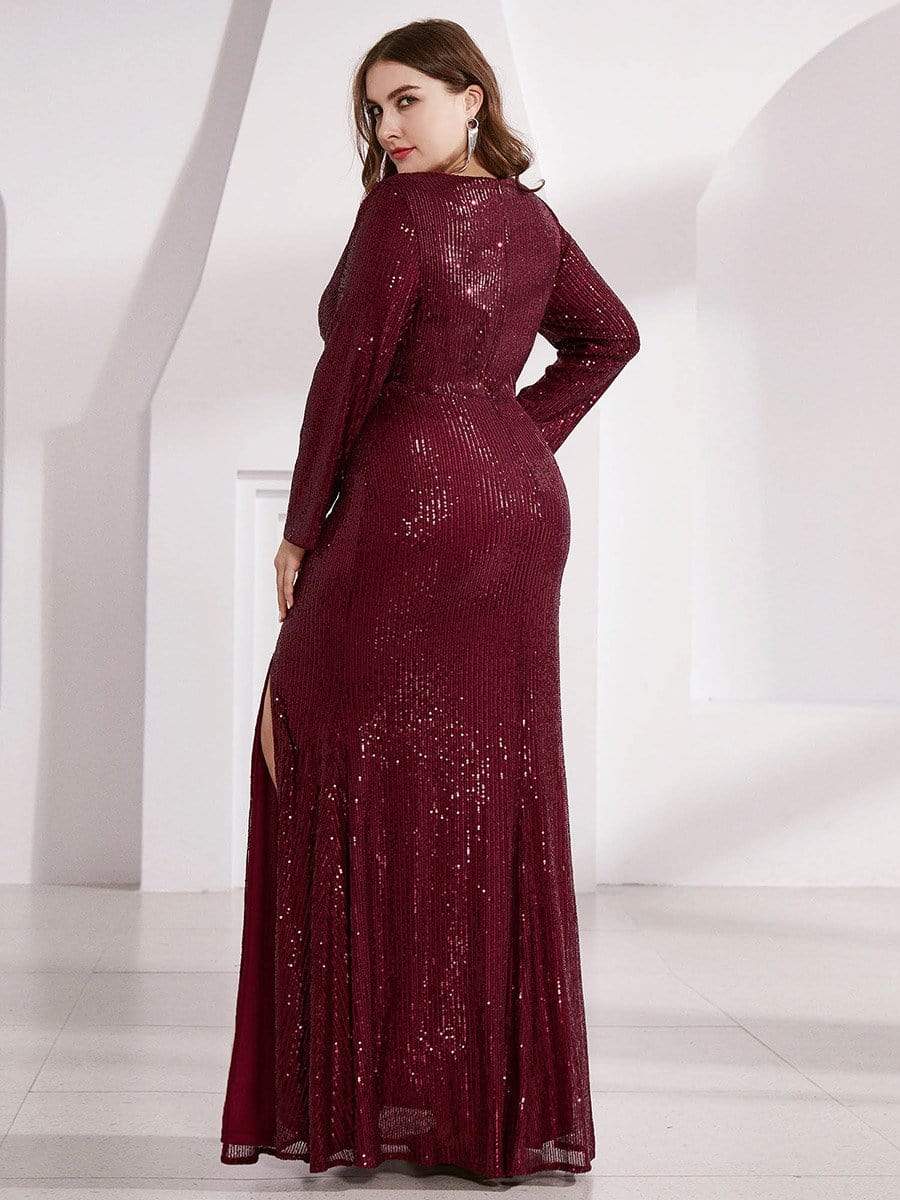 Shiny V Neck Sequin Long Sleeves Evening Dress #color_Burgundy 