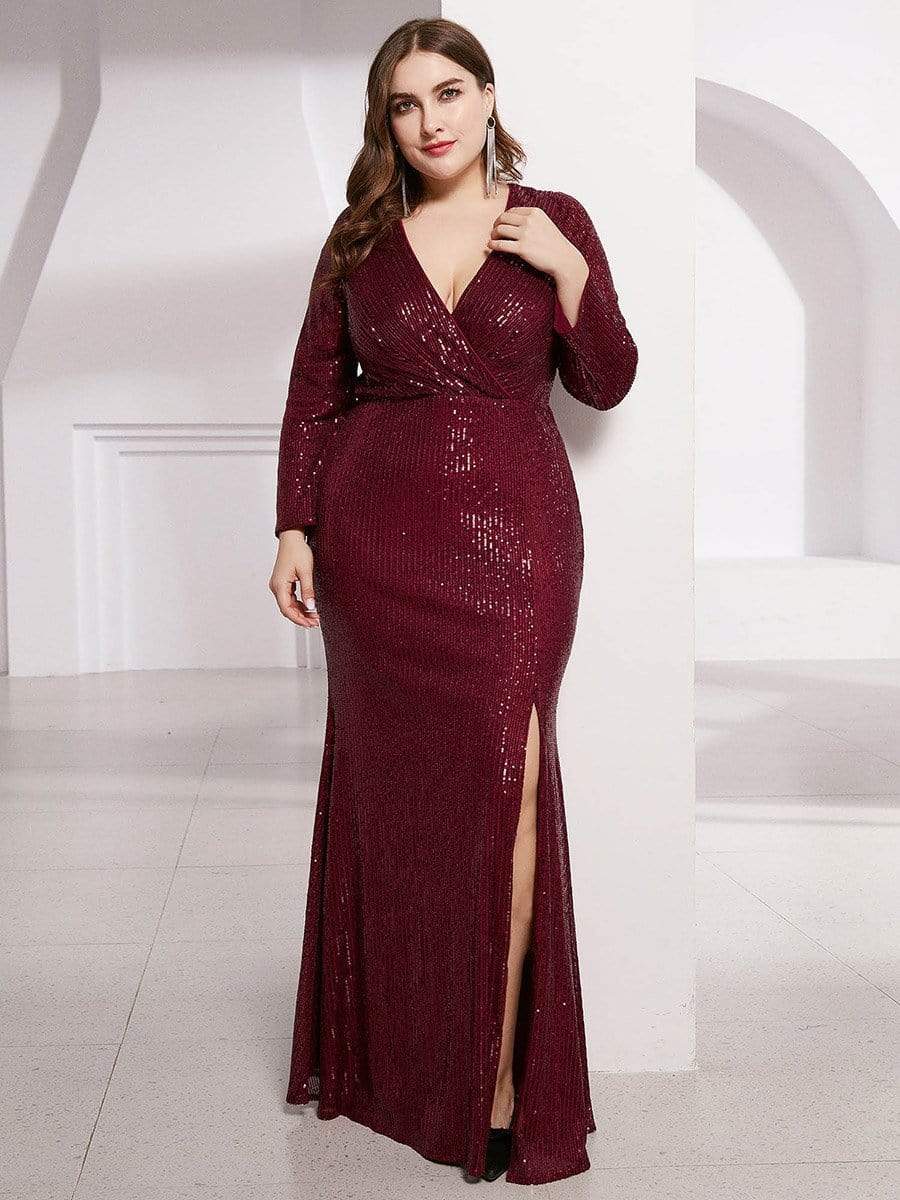 Plus Size Sexy Deep V-Neck Sequin Bodice Formal Evening Gowns #color_Burgundy 