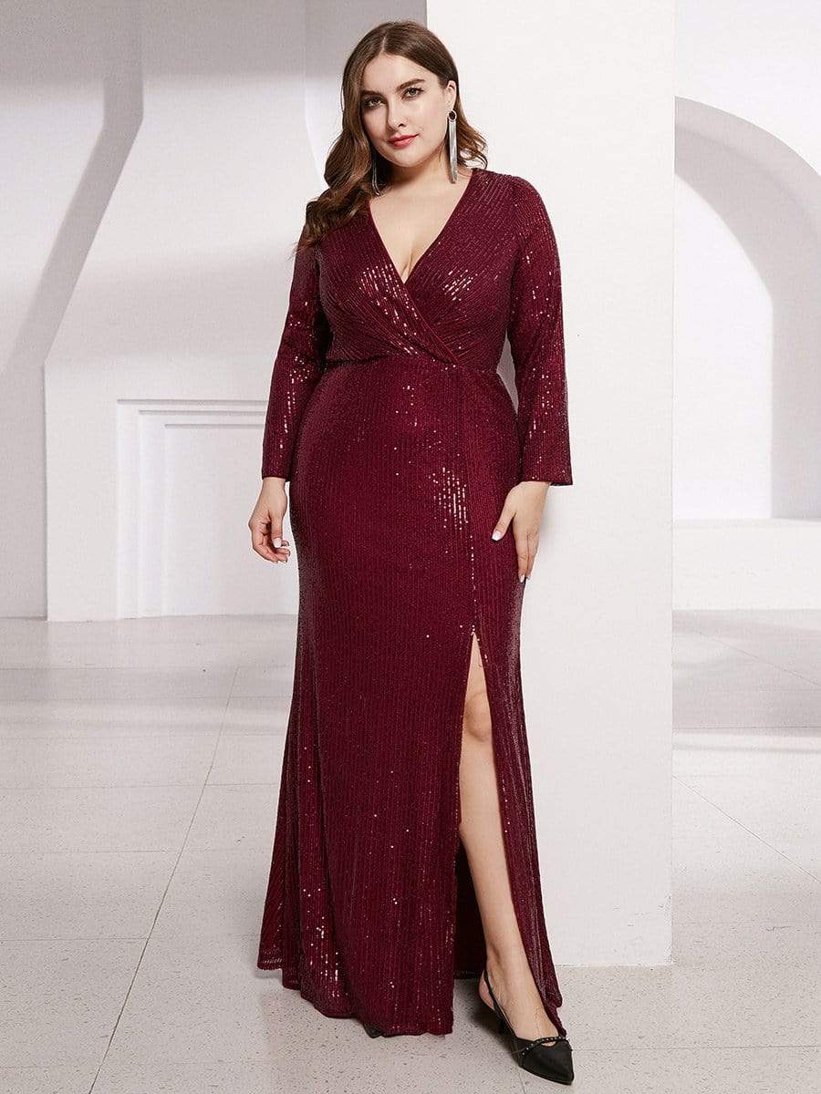 Plus Size Sexy Deep V-Neck Sequin Bodice Formal Evening Gowns #color_Burgundy 