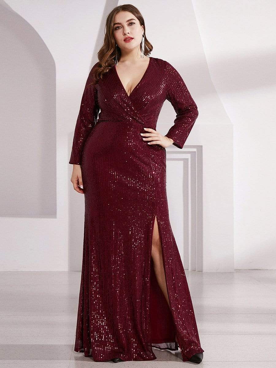 Plus Size Sexy Deep V-Neck Sequin Bodice Formal Evening Gowns #color_Burgundy 