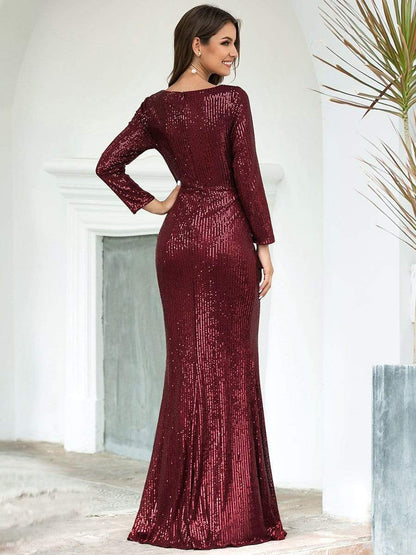 Shiny V Neck Sequin Long Sleeves Evening Dress #color_Burgundy 