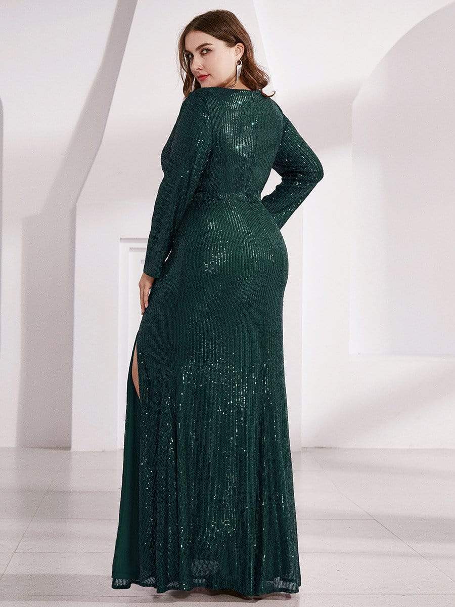 Plus Size Sexy Deep V-Neck Sequin Bodice Formal Evening Gowns #color_Dark Green 