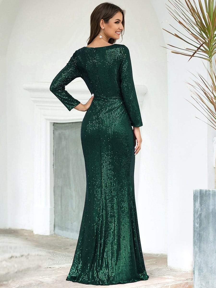 Shiny V Neck Sequin Long Sleeves Evening Dress #color_Dark Green 