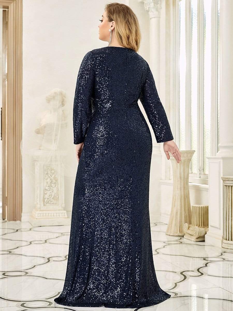 Shiny V Neck Sequin Long Sleeves Evening Dress #color_Navy Blue 