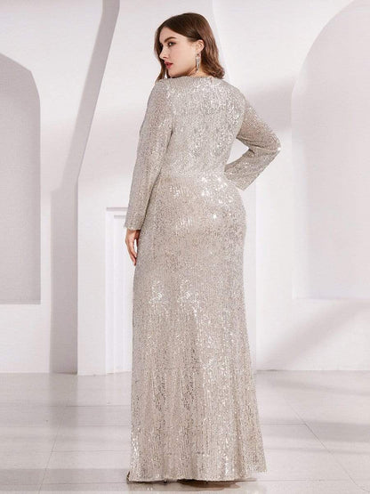 Shiny V Neck Sequin Long Sleeves Evening Dress #color_Champagne