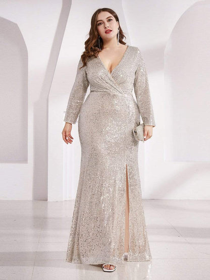 Plus Size Sexy Deep V-Neck Sequin Bodice Formal Evening Gowns #color_Champagne