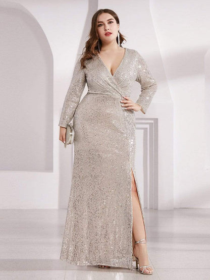 Plus Size Sexy Deep V-Neck Sequin Bodice Formal Evening Gowns #color_Champagne