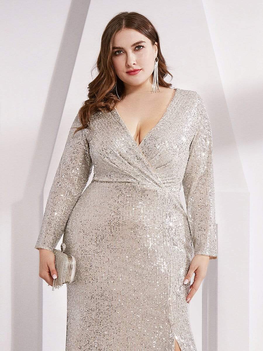 Plus Size Sexy Deep V-Neck Sequin Bodice Formal Evening Gowns #color_Champagne