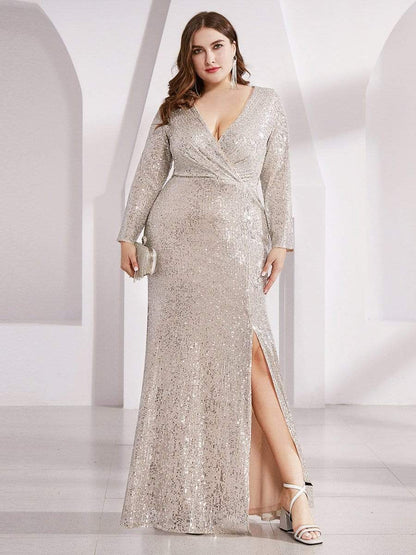 Plus Size Sexy Deep V-Neck Sequin Bodice Formal Evening Gowns