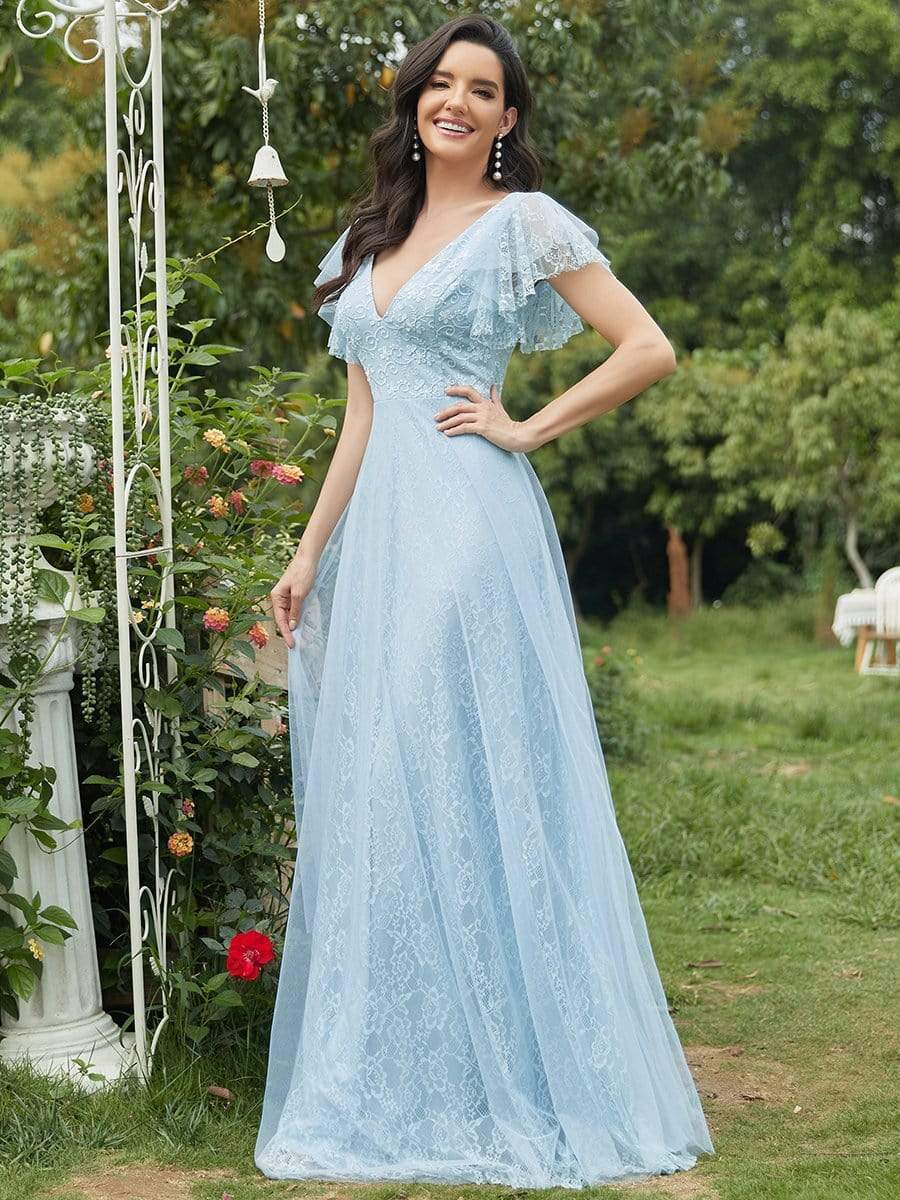 Double V Neck Long Lace Evening Dress with Ruffle Sleeves #color_Sky Blue