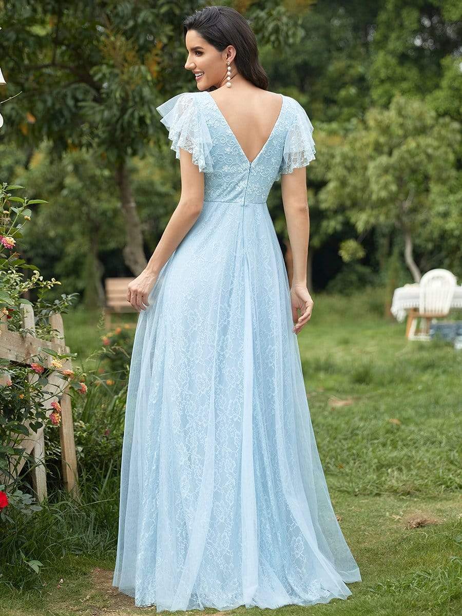 Double V Neck Long Lace Evening Dress with Ruffle Sleeves #color_Sky Blue