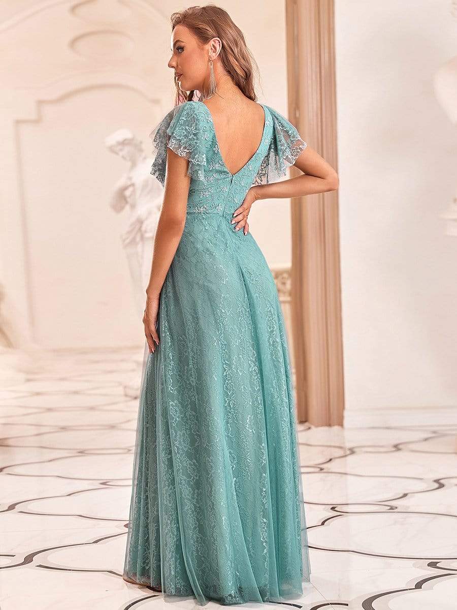 Double V Neck Long Lace Evening Dress with Ruffle Sleeves #color_Dusty Blue