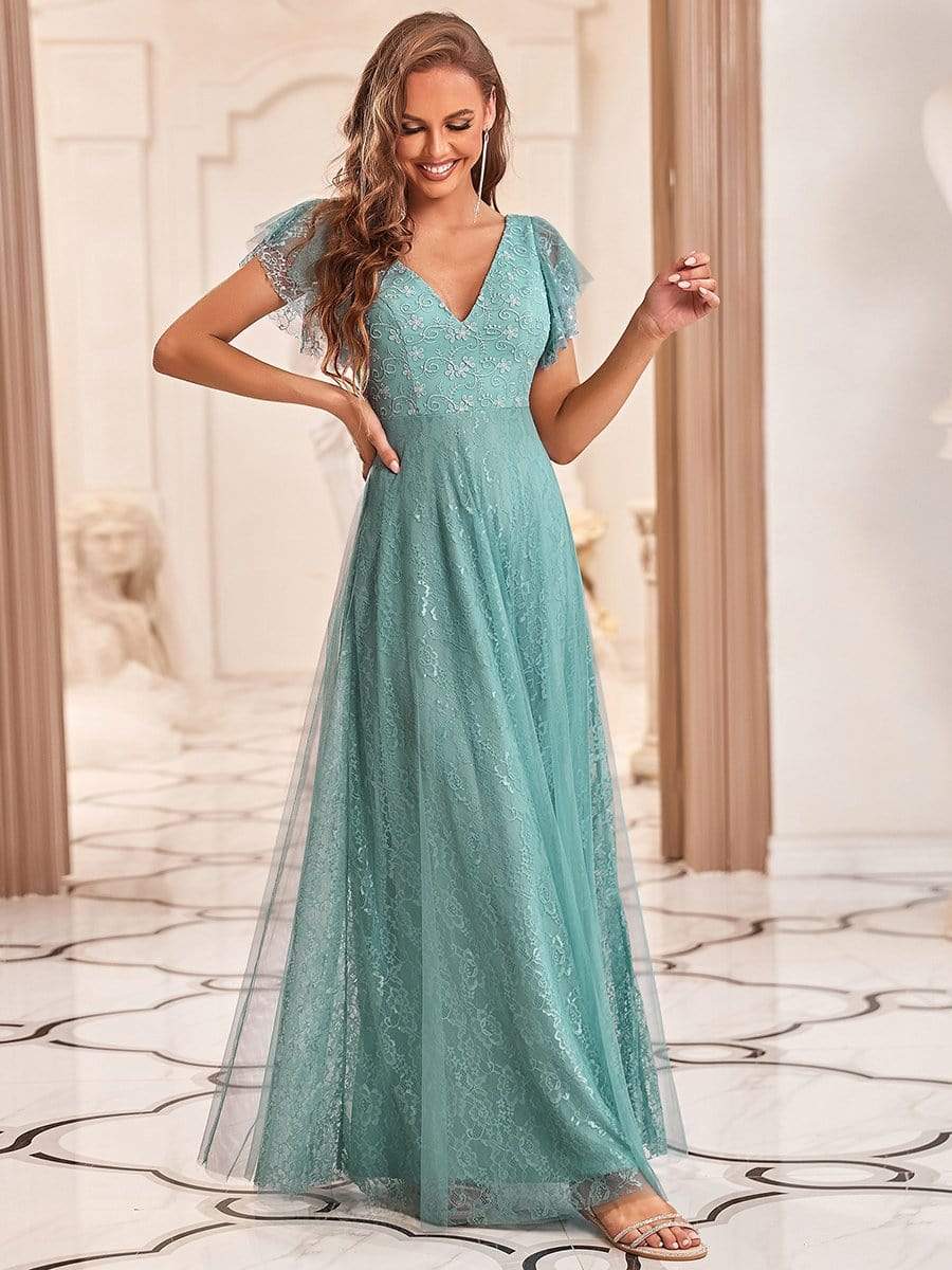 Double V Neck Long Lace Evening Dress with Ruffle Sleeves #color_Dusty Blue