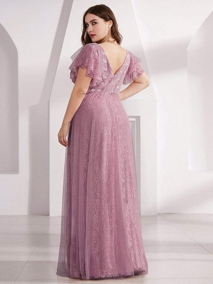 Double V Neck Long Lace Evening Dress with Ruffle Sleeves #color_Purple Orchid