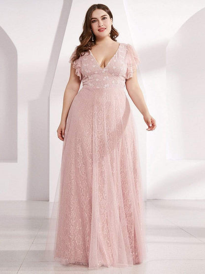 Double V Neck Long Lace Evening Dress with Ruffle Sleeves #color_Pink