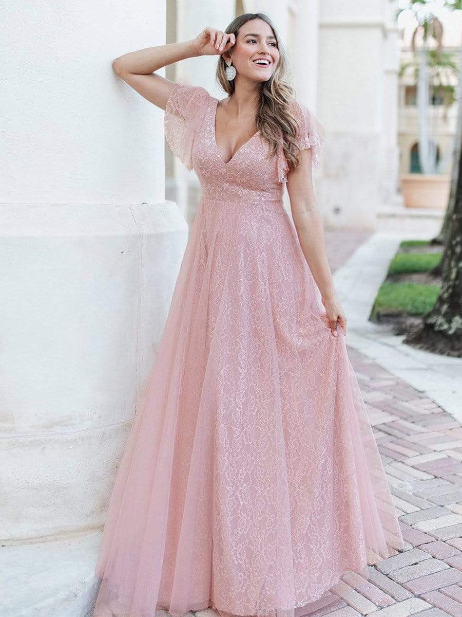 Double V Neck Long Lace Evening Dress with Ruffle Sleeves #color_Pink