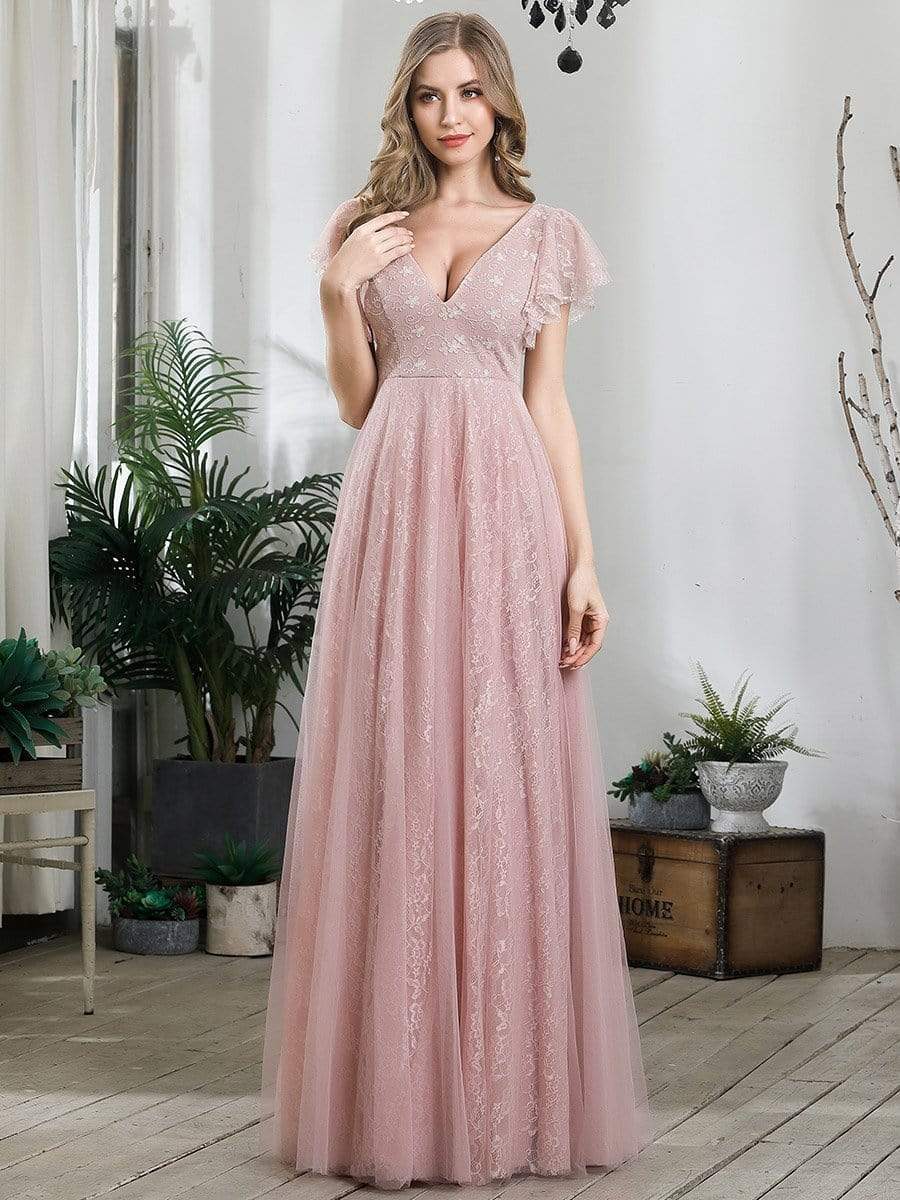 Double V Neck Long Lace Evening Dress with Ruffle Sleeves #color_Pink