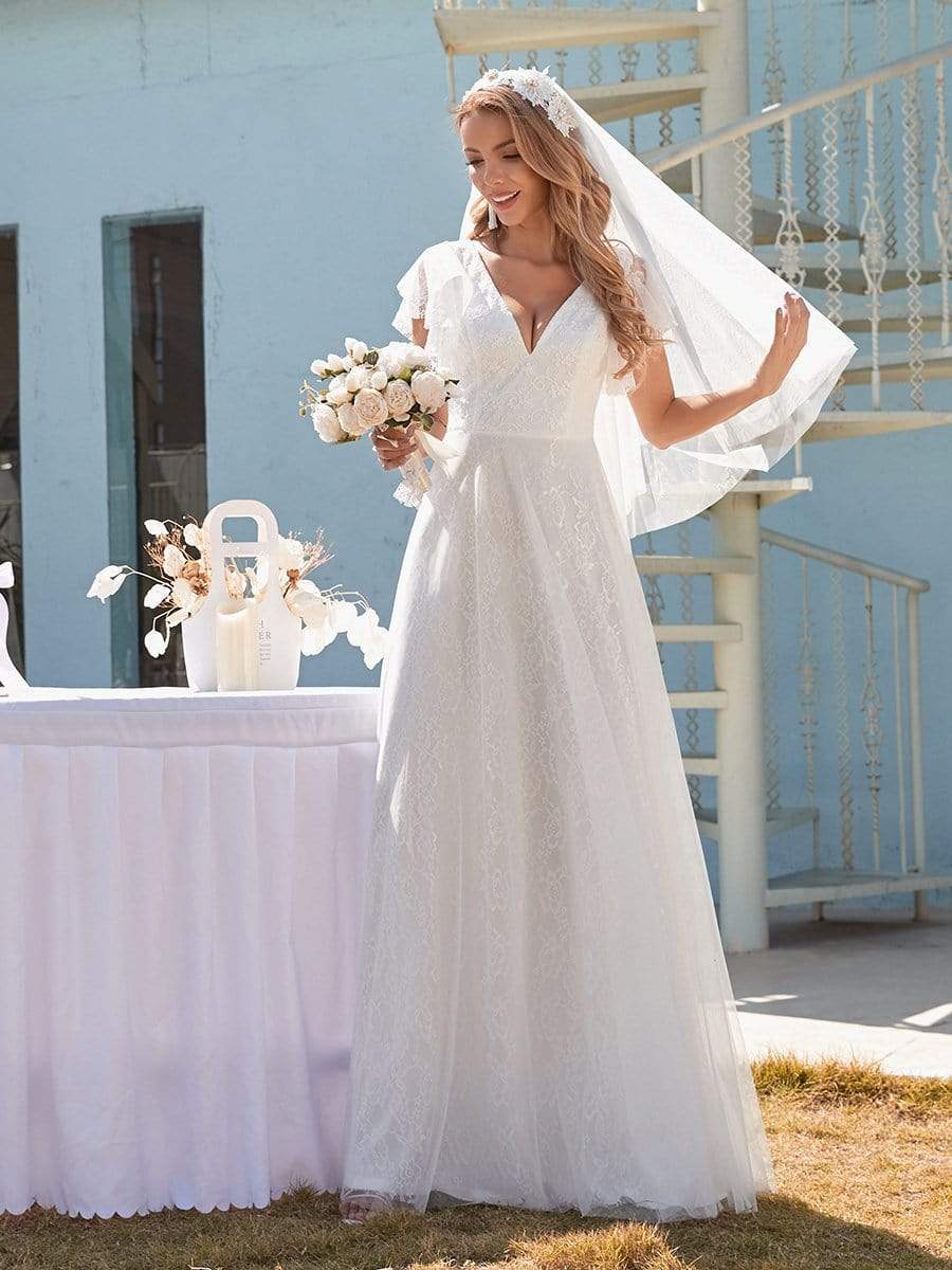 Elegant Maxi Lace Elopement Wedding Dress with Ruffle Sleeves #color_White