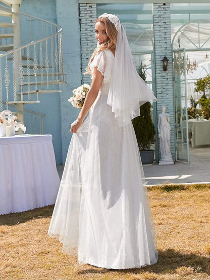 Elegant Maxi Lace Elopement Wedding Dress with Ruffle Sleeves #color_White