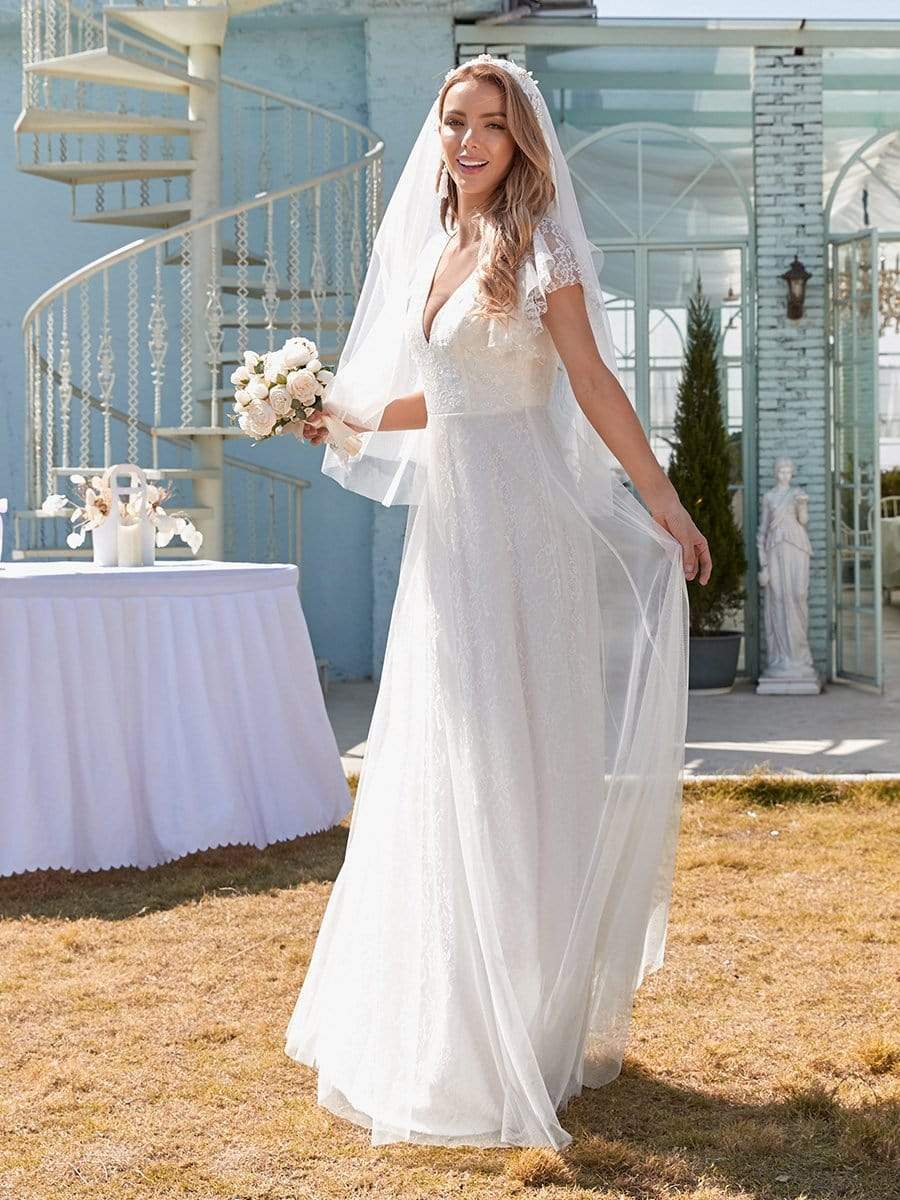 Elegant Maxi Lace Elopement Wedding Dress with Ruffle Sleeves #color_White