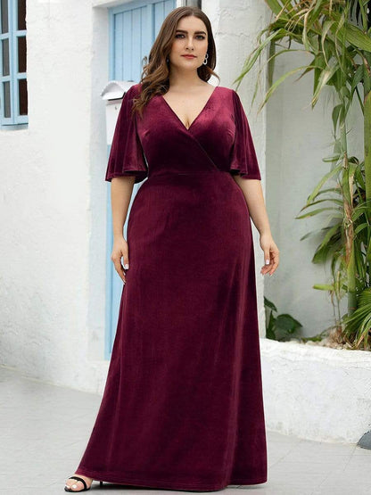 Elegant Double V Neck Velvet Party Dress with Sleeves #color_Burgundy 