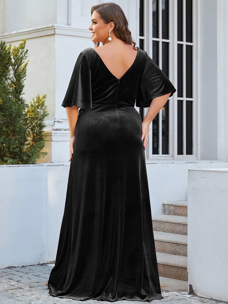 Elegant Double V Neck Velvet Party Dress with Sleeves #color_Black 