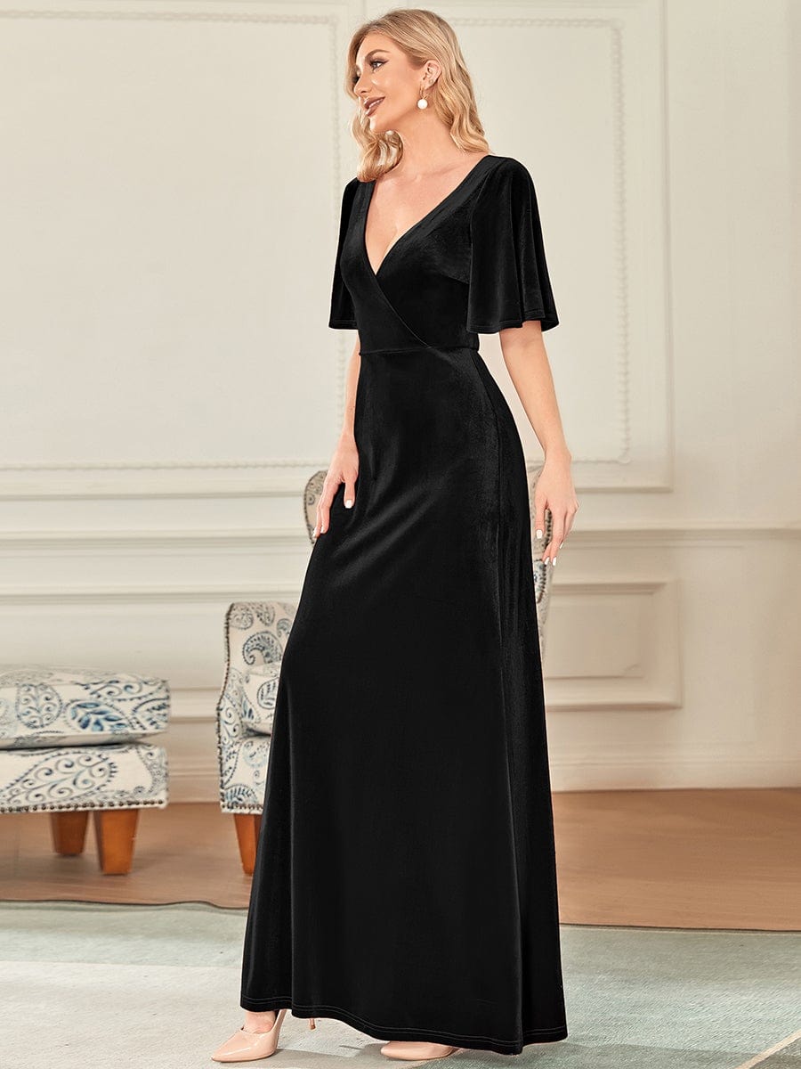 Elegant Double V Neck Velvet Party Dress with Sleeves #color_Black 