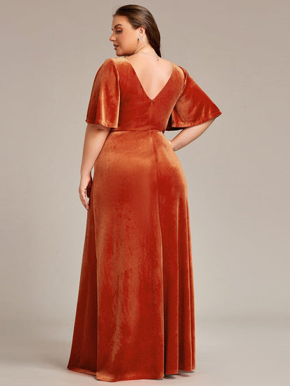 Elegant Double V Neck Velvet Party Dress with Sleeves #color_Burnt Orange