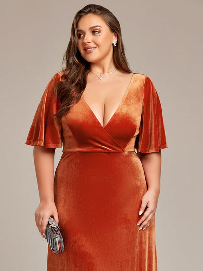 Elegant Double V Neck Velvet Party Dress with Sleeves #color_Burnt Orange