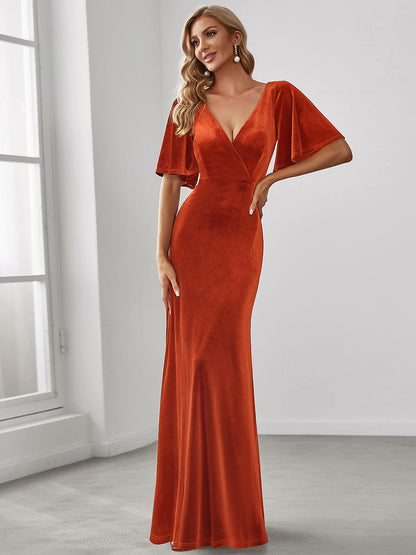 Elegant Double V Neck Velvet Party Dress with Sleeves #color_Burnt Orange