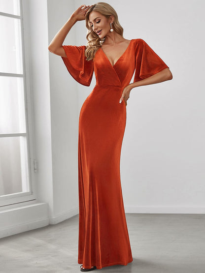 Elegant Double V Neck Velvet Party Dress with Sleeves #color_Burnt Orange