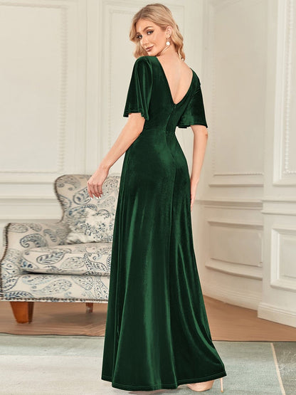 Elegant Double V Neck Velvet Party Dress with Sleeves #color_Dark Green 