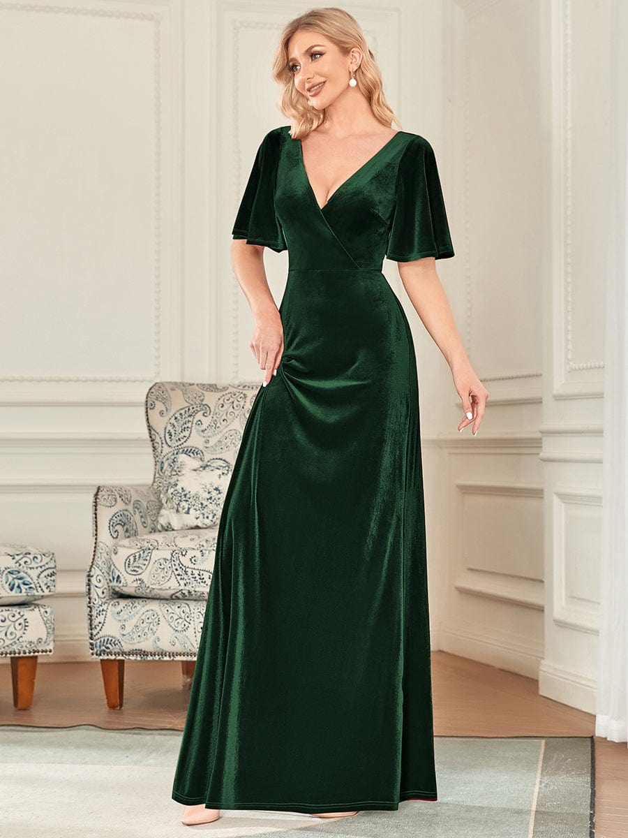 Elegant Double V Neck Velvet Party Dress with Sleeves #color_Dark Green 