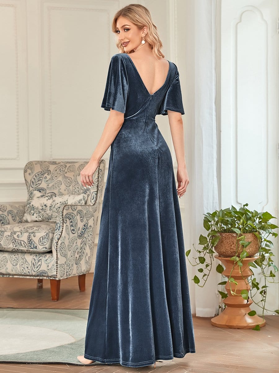 Elegant Double V Neck Velvet Party Dress with Sleeves #color_Dusty Navy 