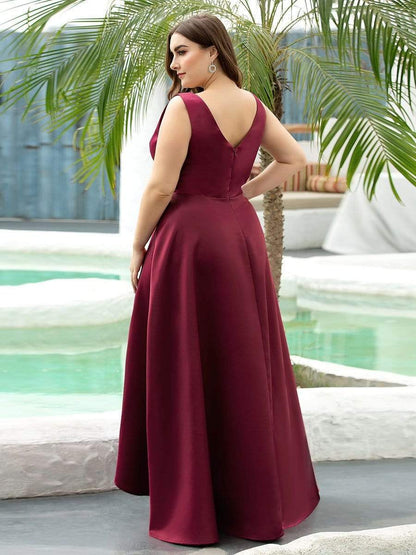 Plus Size High Low Formal Evening Party Dress with Sequin Belt #color_Burgundy 