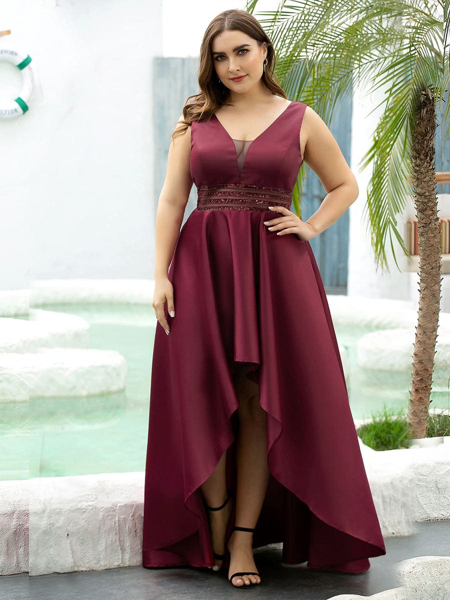 Plus Size High Low Formal Evening Party Dress with Sequin Belt #color_Burgundy