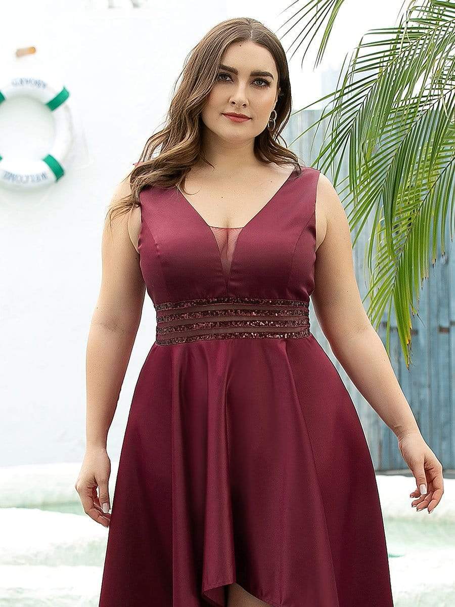 Plus Size High Low Formal Evening Party Dress with Sequin Belt #color_Burgundy 