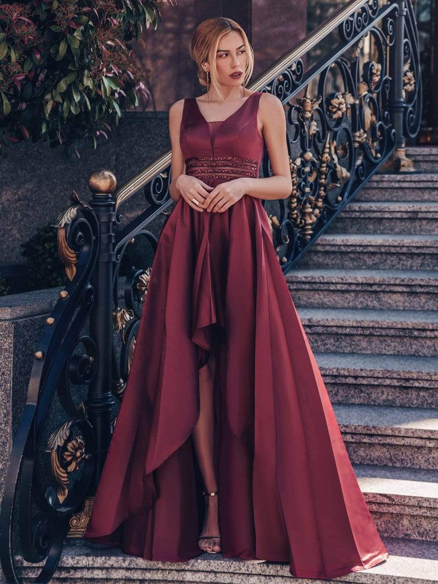 Women's V-Neck High Low Cocktail Party Dresses #color_Burgundy 