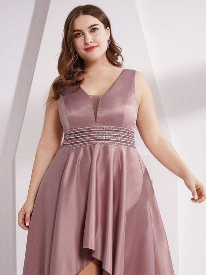 Plus Size High Low Formal Evening Party Dress with Sequin Belt #color_Purple Orchid 