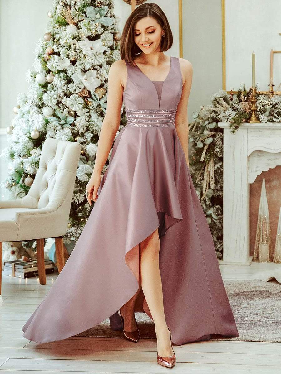 Women's V-Neck High Low Cocktail Party Dresses #color_Purple Orchid 