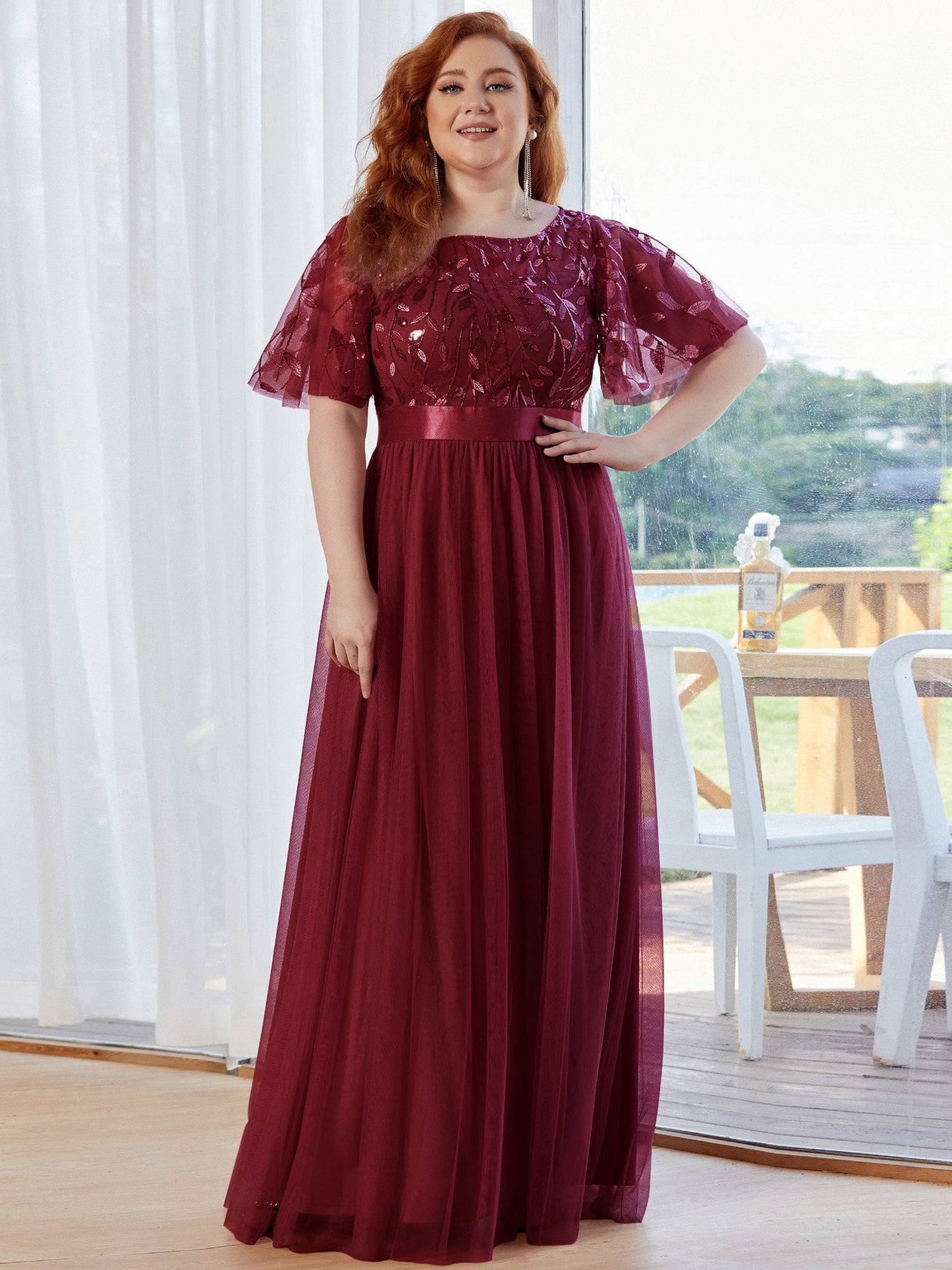 Custom Size Women's A-Line Sequin Leaf Maxi Prom Dress with Sleeves #color_Burgundy