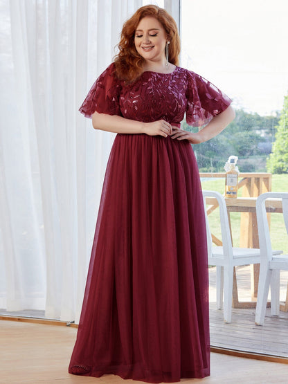 Custom Size Women's A-Line Sequin Leaf Maxi Prom Dress with Sleeves #color_Burgundy