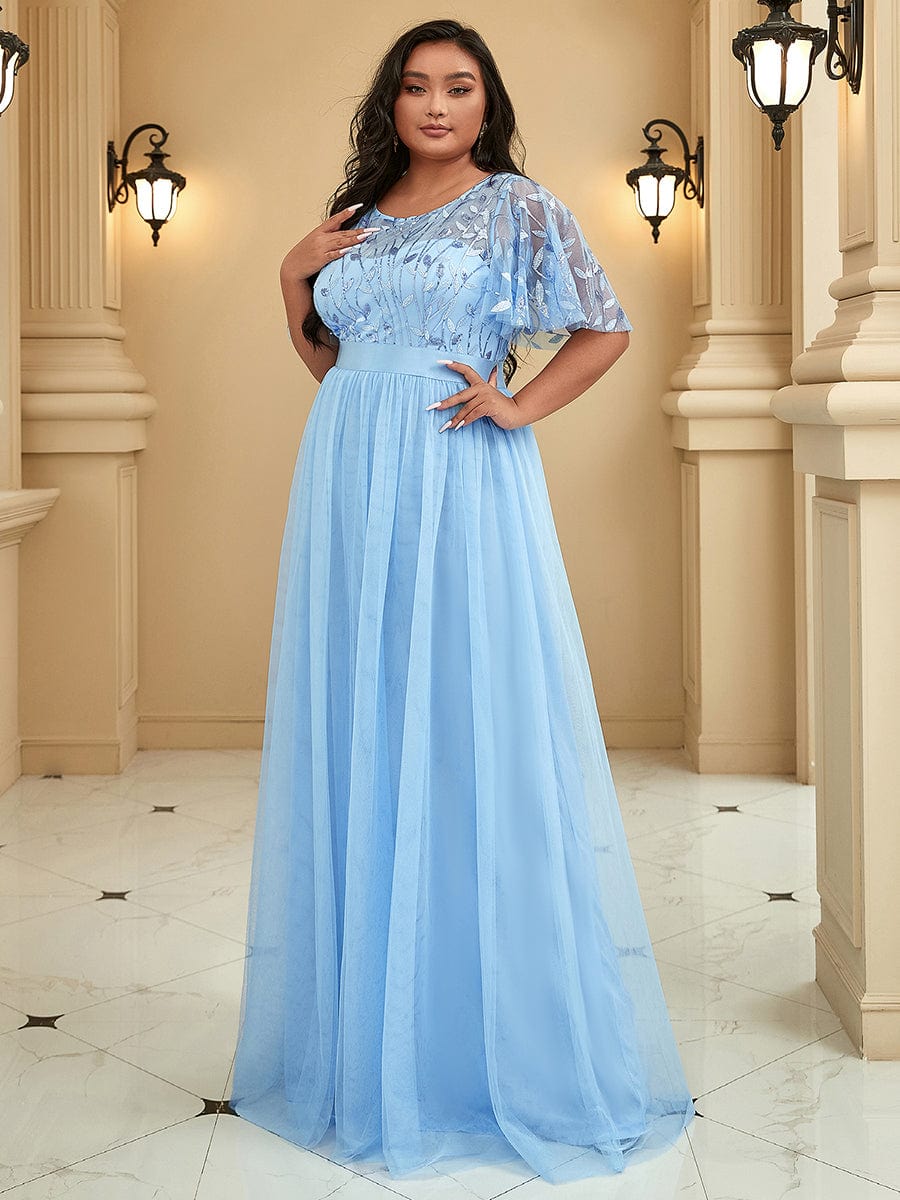 Plus Size Sequin Bodice Long Formal Evening Dresses #color_Sky Blue