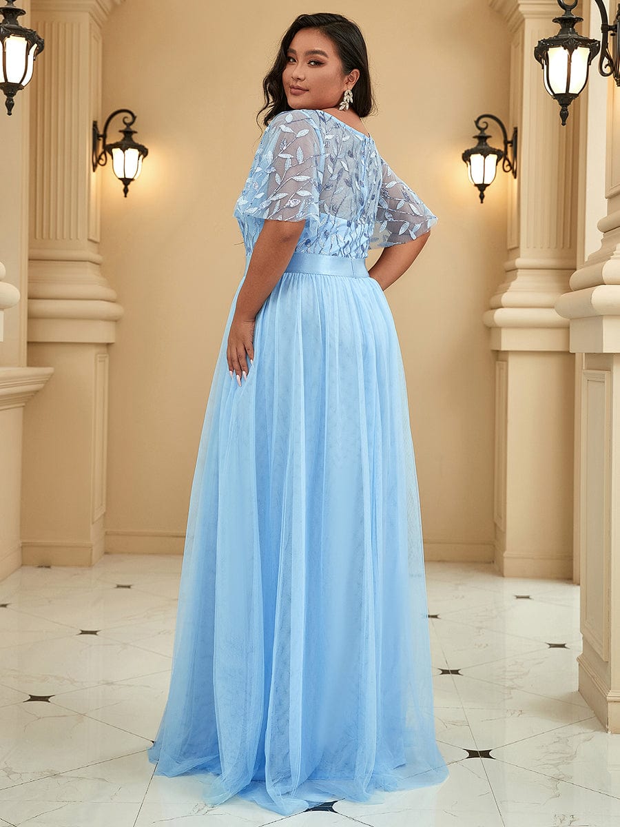 Plus Size Sequin Bodice Long Formal Evening Dresses #color_Sky Blue