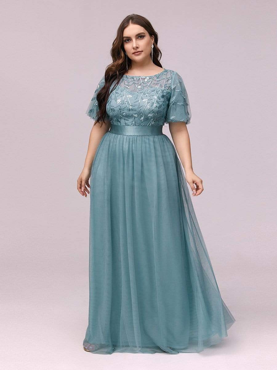 Plus Size Sequin Bodice Long Formal Evening Dresses #color_Dusty Blue 