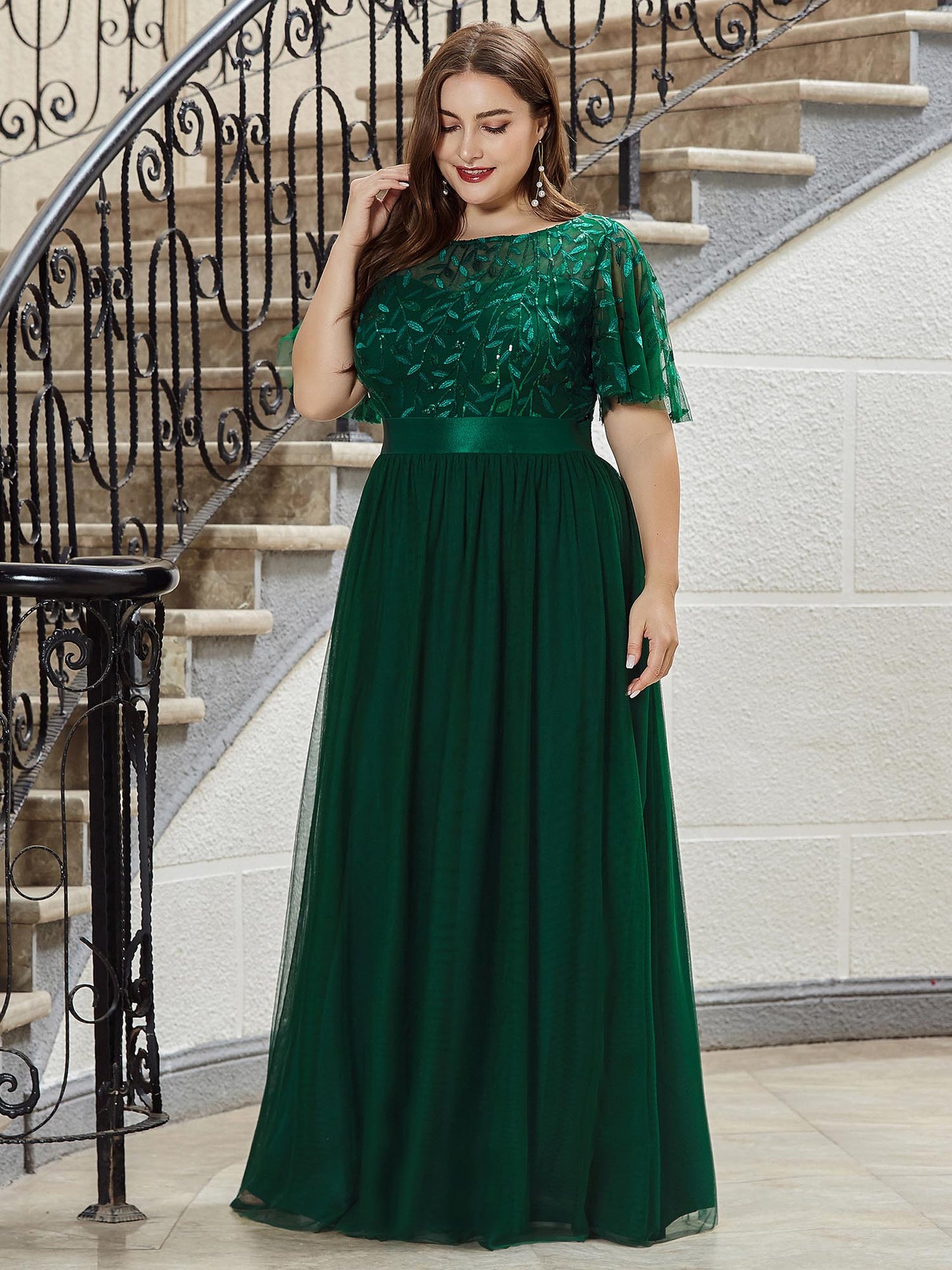 Custom Size Women's A-Line Sequin Leaf Maxi Prom Dress with Sleeves #color_Dark Green