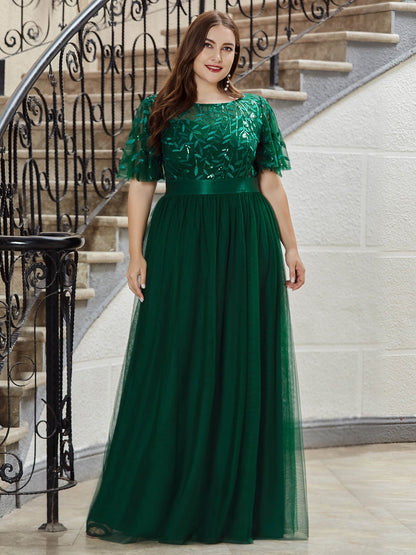 Custom Size Women's A-Line Sequin Leaf Maxi Prom Dress with Sleeves #color_Dark Green